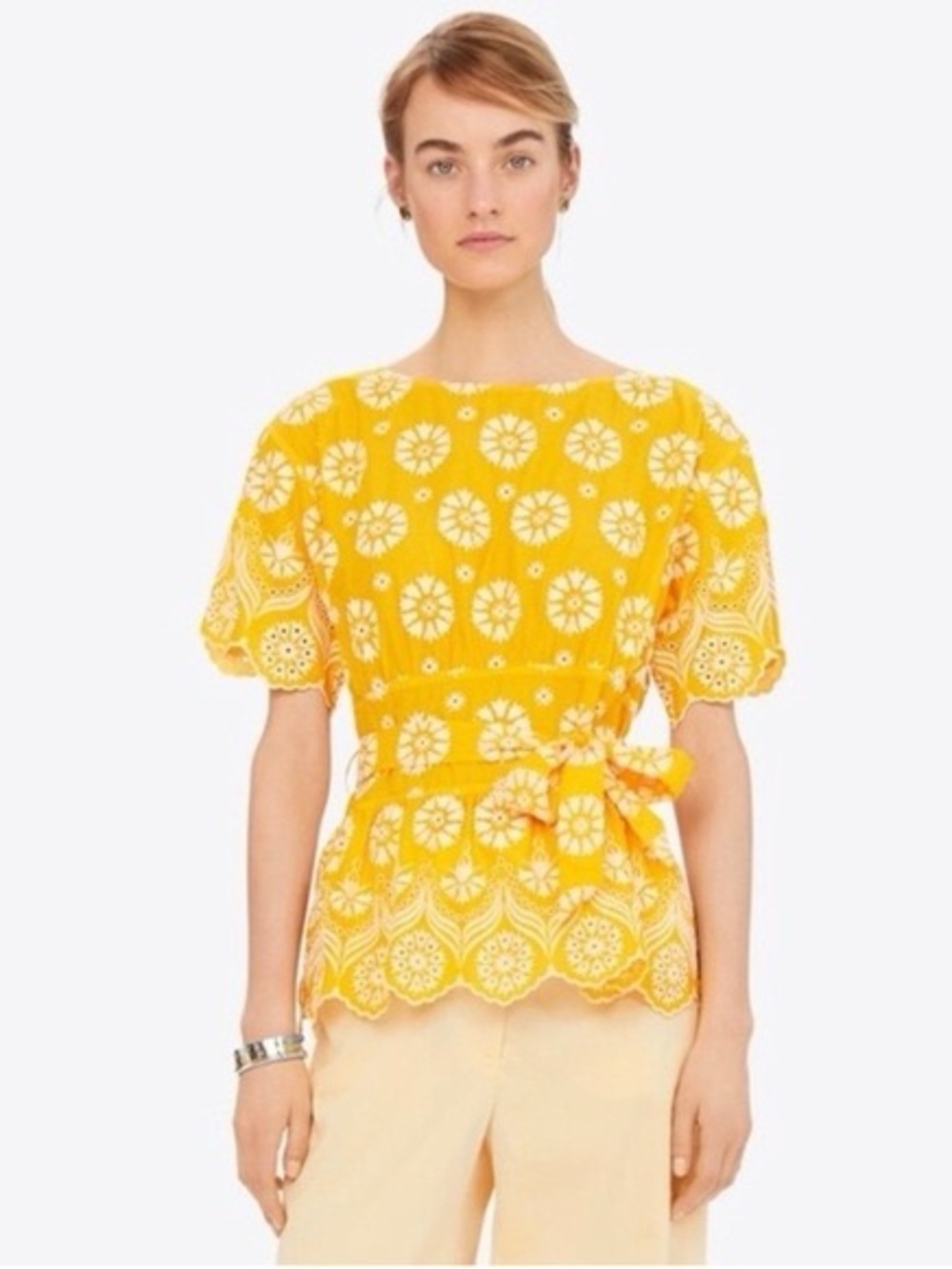 Tory Burch Yellow Embroidered Eyelet Top Size 14
